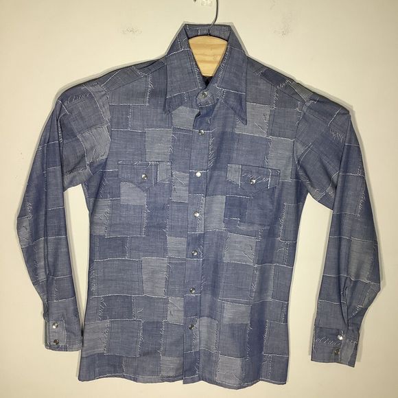 Hands Off Mens Vintage Sears Long Sleeve Pearl Snap Shirt Blue Size Medium - Picture 2 of 6
